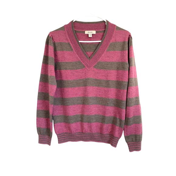 Faconnable pink brown striped v-neck sweater wool silk cashmere lightweight XS - Picture 1 of 8